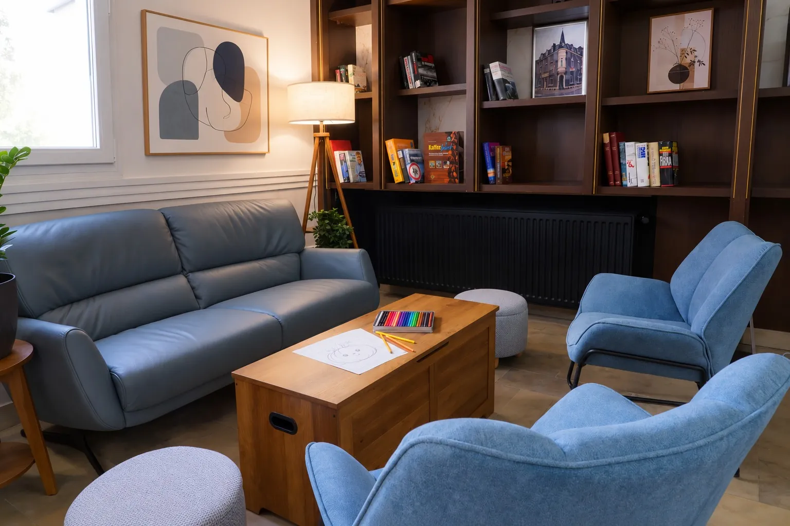 The lounge with a blue sofa, armchairs and bookshelves